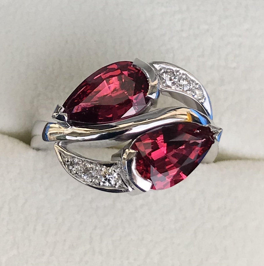 Burmese Red Pear-shaped Spinel and Diamond Ring top view