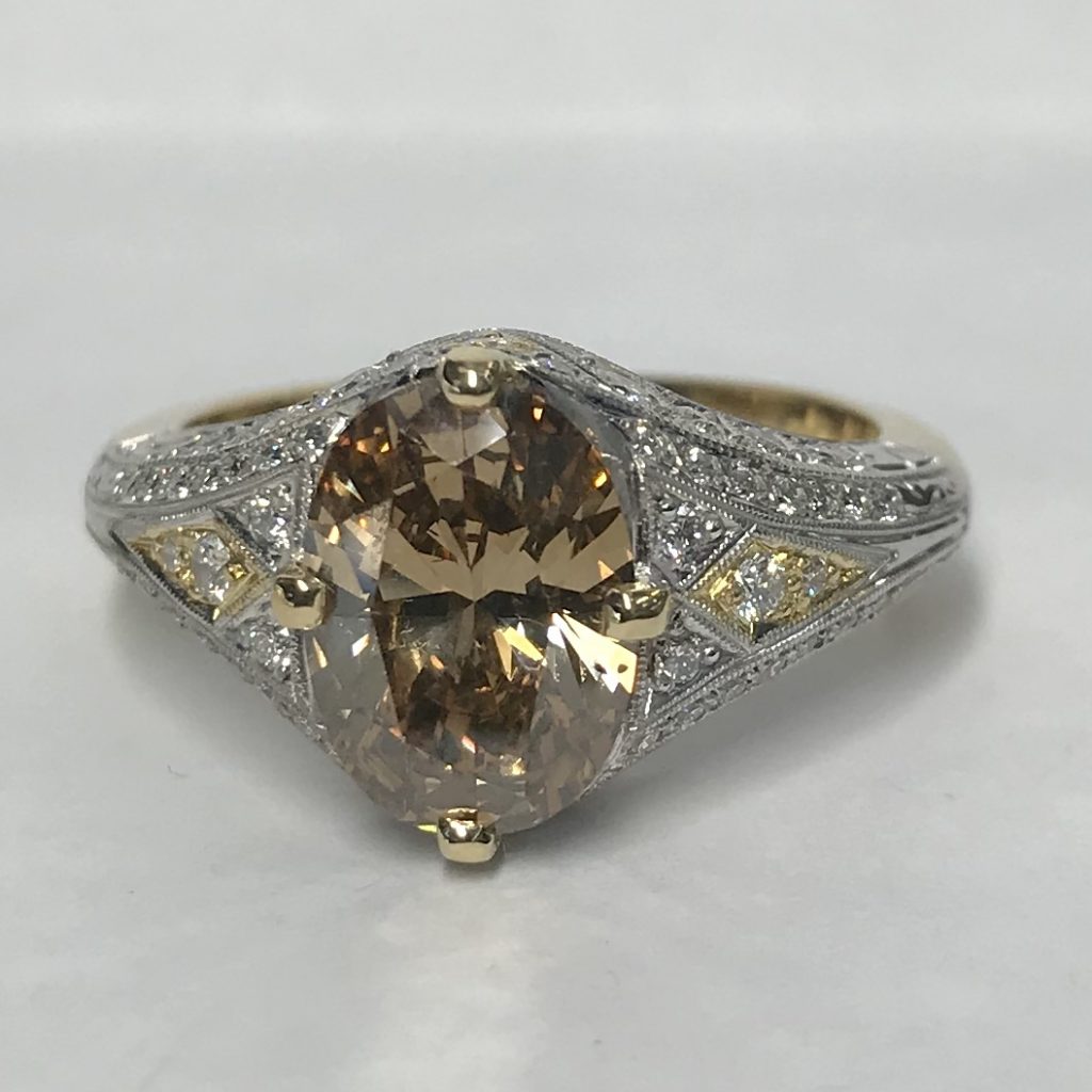 Cognac Diamond & Filigree white diamond set Ring with yellow gold inlays top view